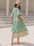 Ruched Printed Puff Sleeve Midi Dress - Trendsi