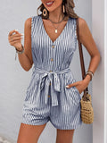 Perfee Striped V-Neck Tie Waist Romper - Trendsi