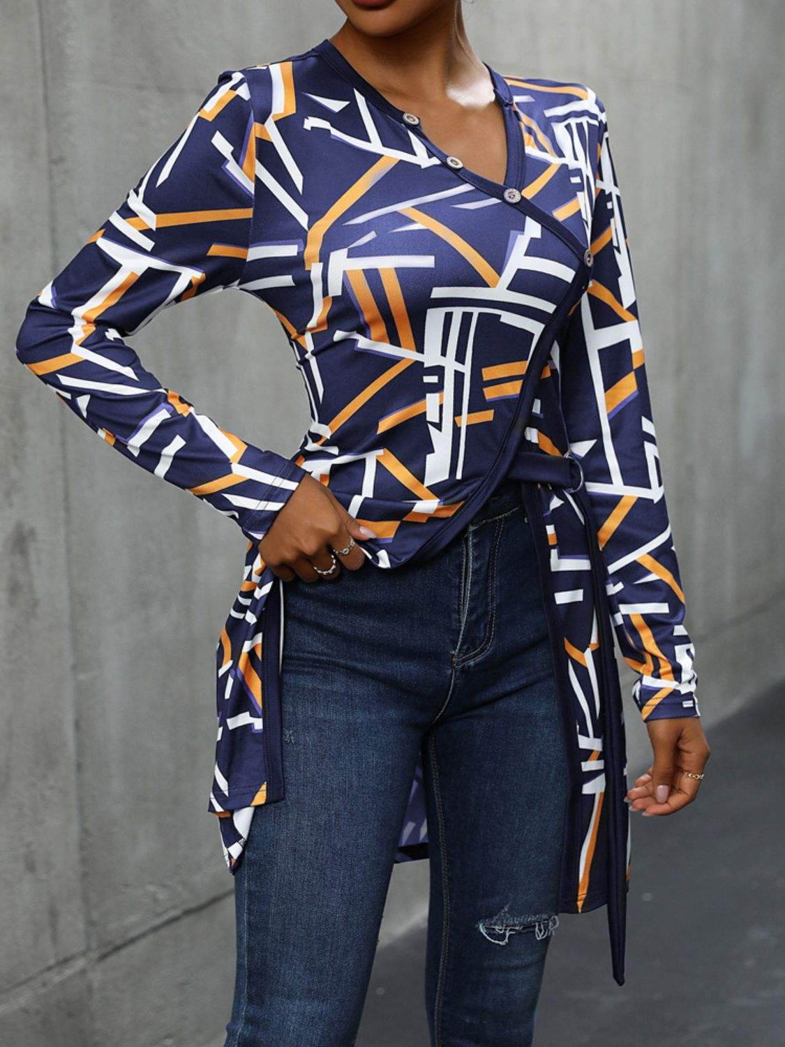 Geometric Surplice Long Sleeve T-Shirt - Trendsi - Flyclothing LLC