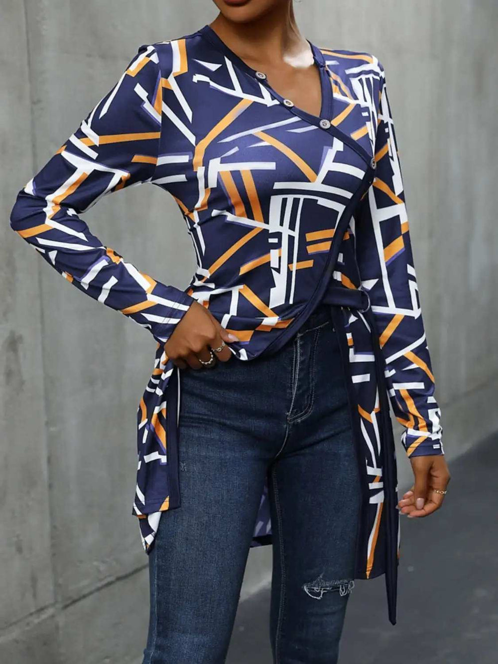Geometric Surplice Long Sleeve T-Shirt - Trendsi - Flyclothing LLC
