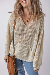 Openwork Dropped Shoulder Hooded Knit Top - Trendsi - Flyclothing LLC