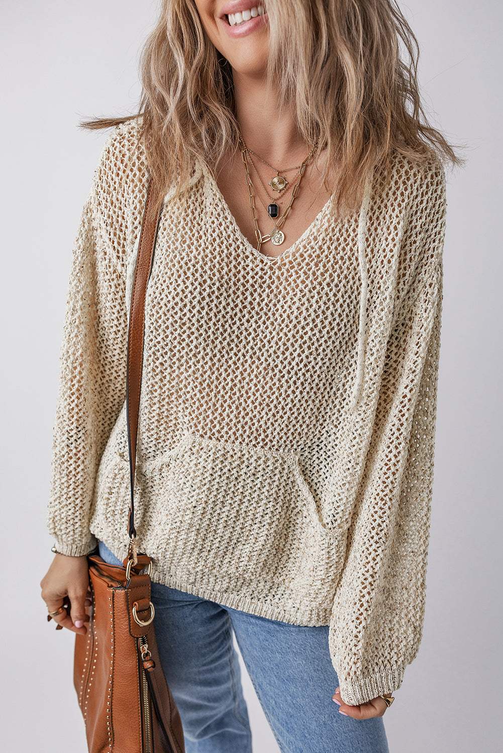 Openwork Dropped Shoulder Hooded Knit Top - Trendsi - Flyclothing LLC