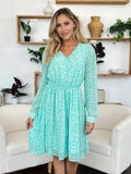 Double Take Full Size Printed Ruched V-Neck Long Sleeve Dress - Trendsi - Flyclothing LLC