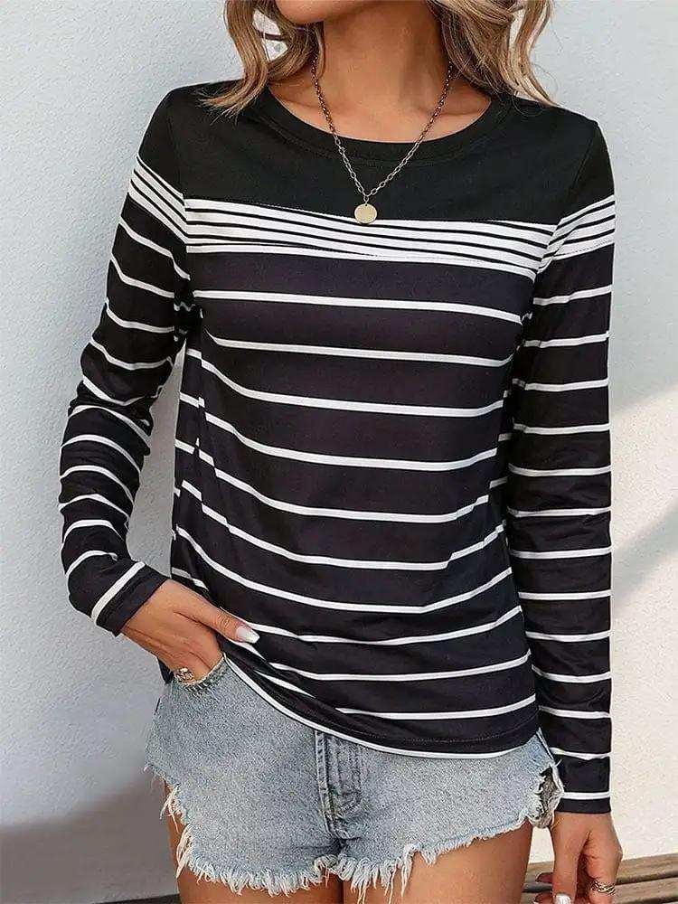 Striped Round Neck Long Sleeve T-Shirt - Trendsi - Flyclothing LLC