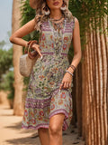 Printed Tie Neck Sleeveless Dress - Trendsi
