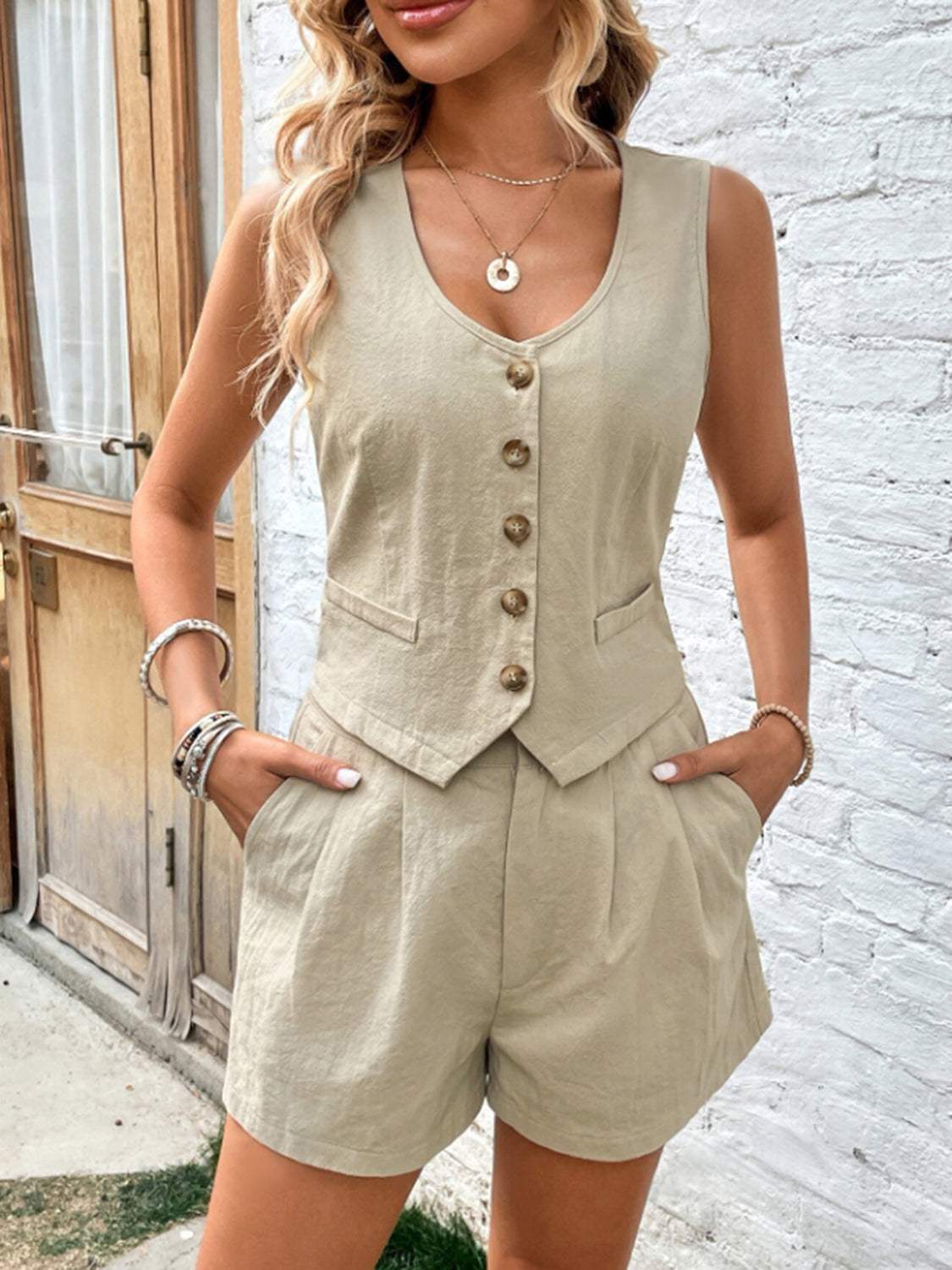 Scoop Neck Sleeveless Top and Shorts Set - Trendsi - Flyclothing LLC