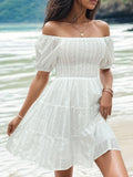 Smocked Eyelet Off-Shoulder Mini Dress - Trendsi