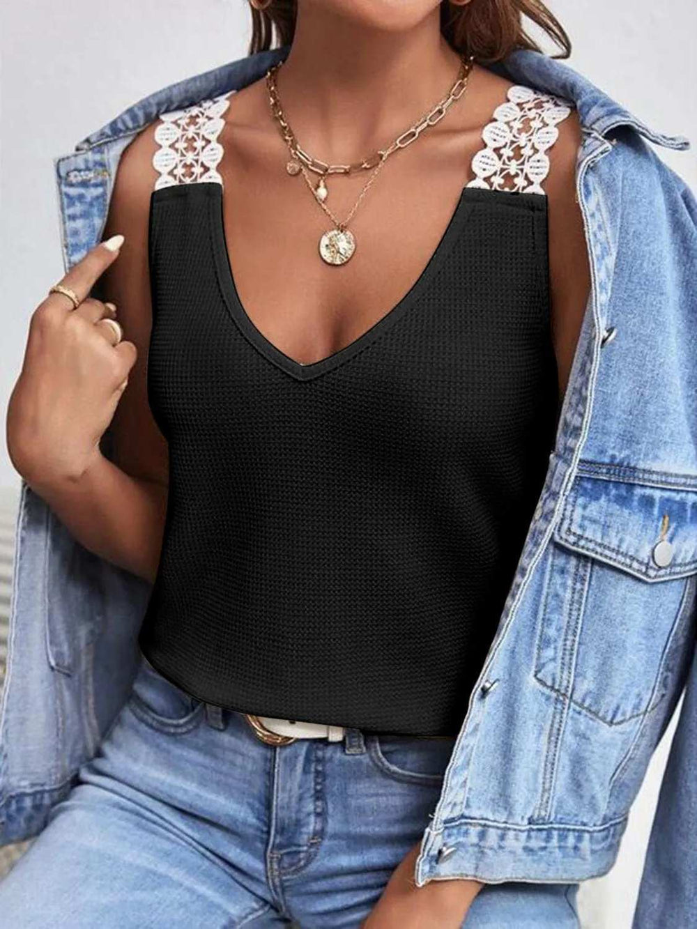 Full Size Lace Detail V-Neck Tank - Trendsi - Flyclothing LLC