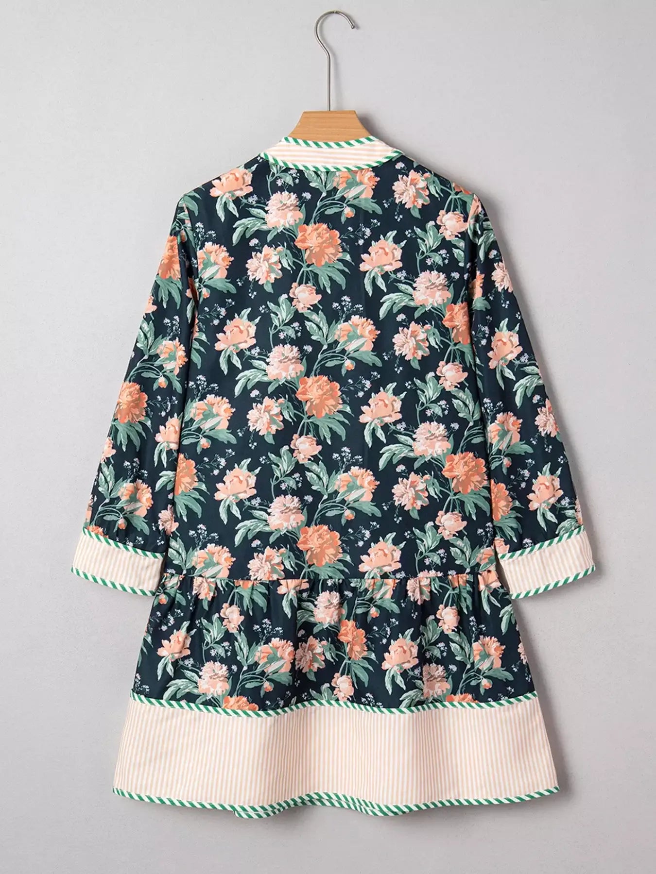 Floral Print Striped Trim V Neck Long Sleeve Ruffle Hem Shift Mini Dress - Trendsi - Flyclothing LLC