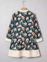 Floral Print Striped Trim V Neck Long Sleeve Ruffle Hem Shift Mini Dress - Trendsi - Flyclothing LLC