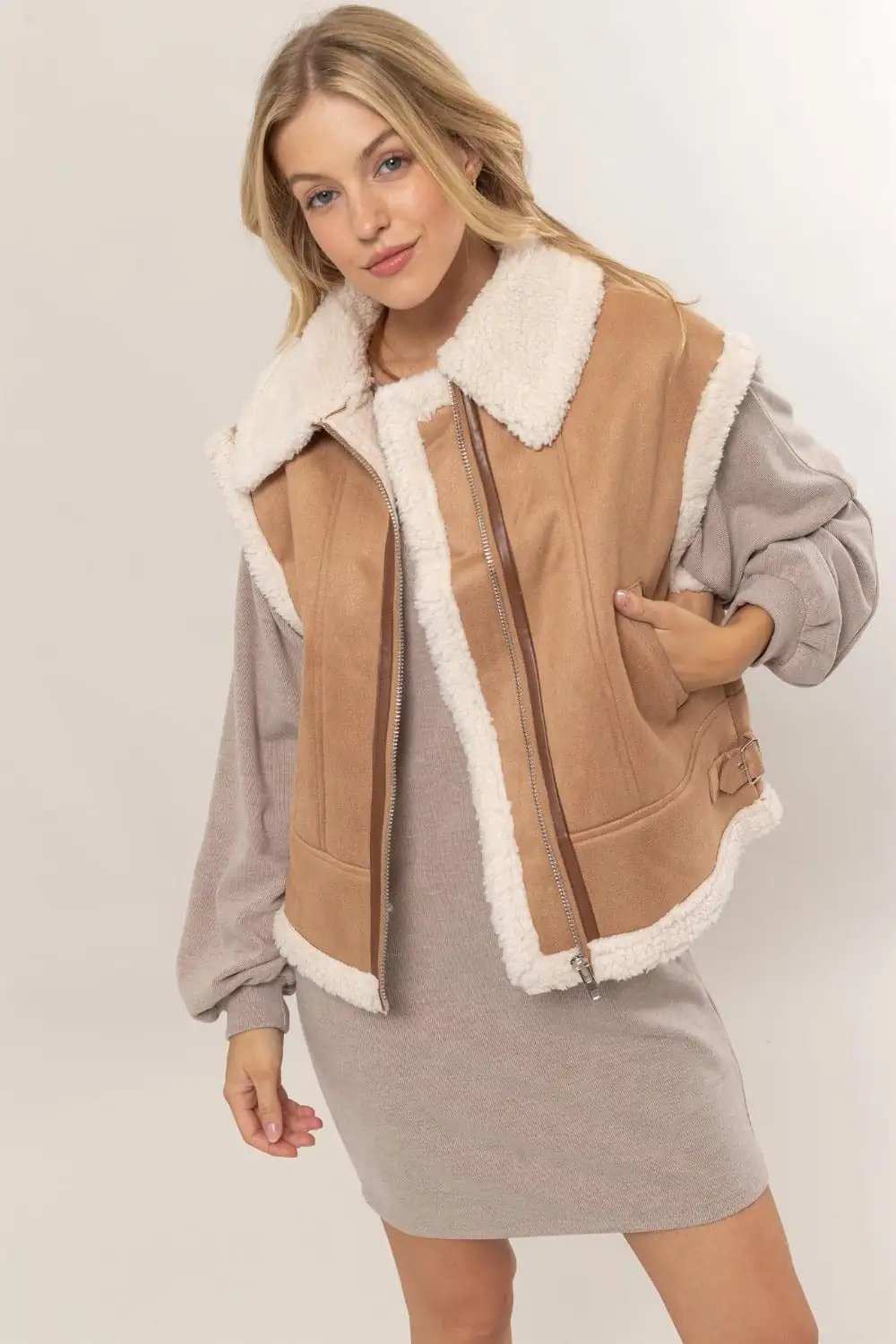 HYFVE Fur-Contrast Zip Up Suede Vest - Trendsi - Flyclothing LLC