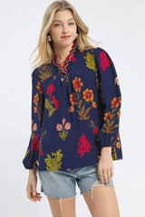 Umgee Flower Print Blouse with Scalloped Neckline - Trendsi - Flyclothing LLC