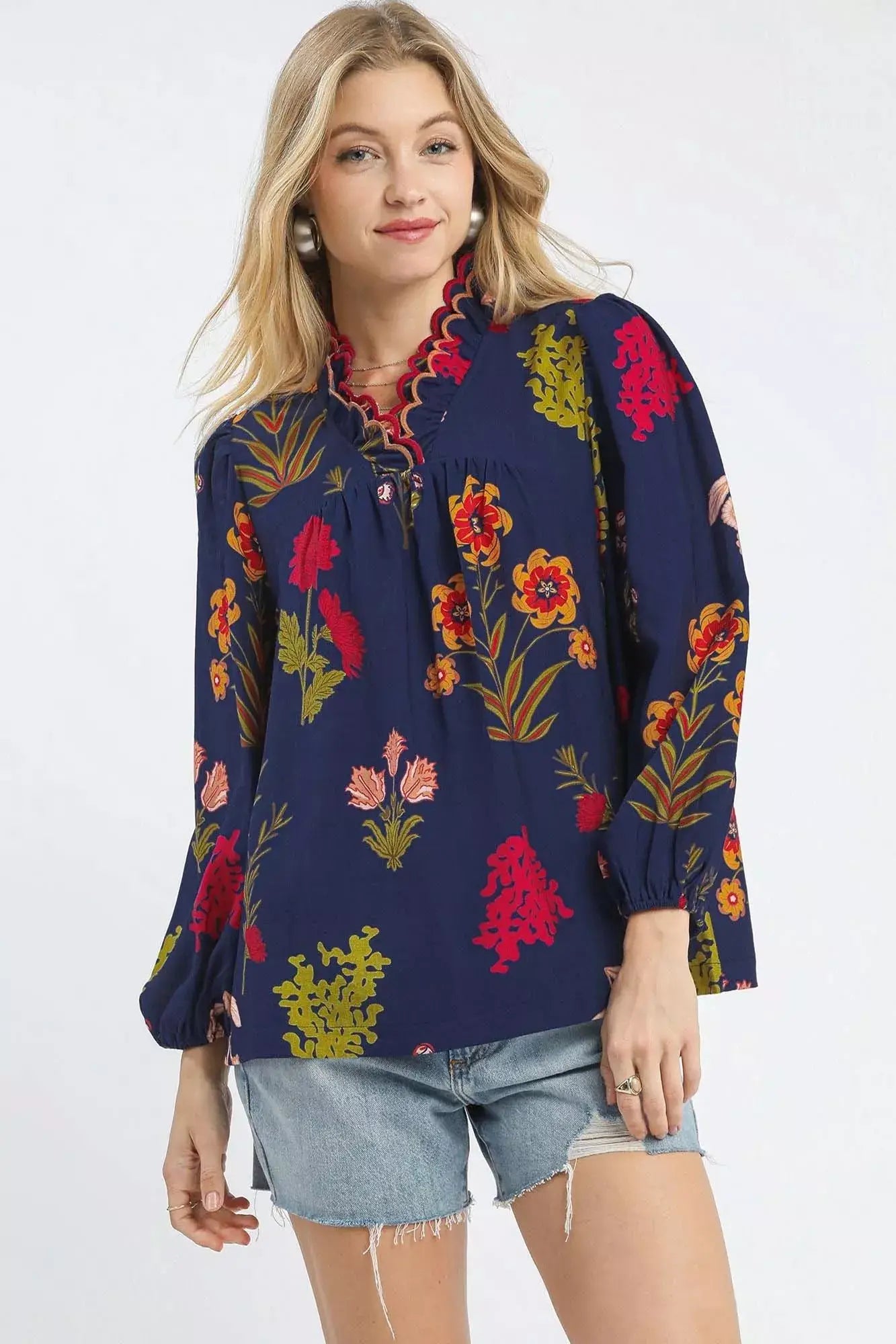 Umgee Flower Print Blouse with Scalloped Neckline - Trendsi - Flyclothing LLC