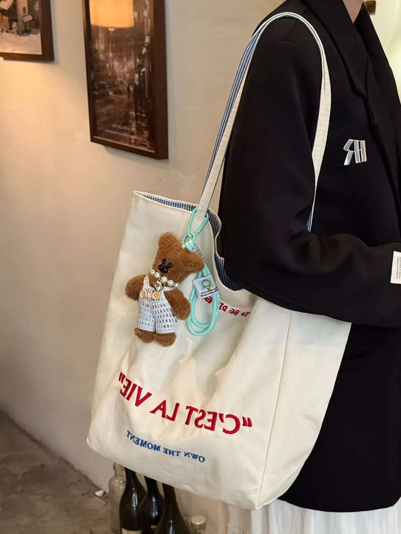 Letter Embroidered Canvas Shoulder Bag - Trendsi - Flyclothing LLC