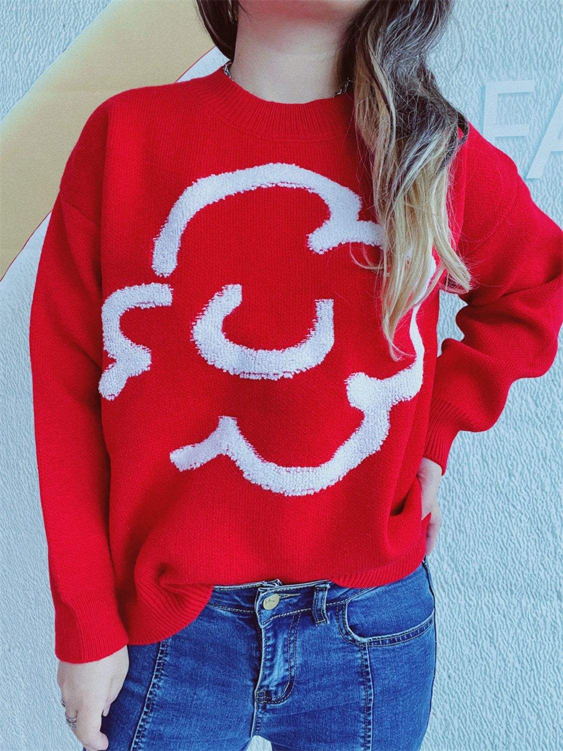 Contrast Round Neck Long Sleeve Sweater - Trendsi - Flyclothing LLC