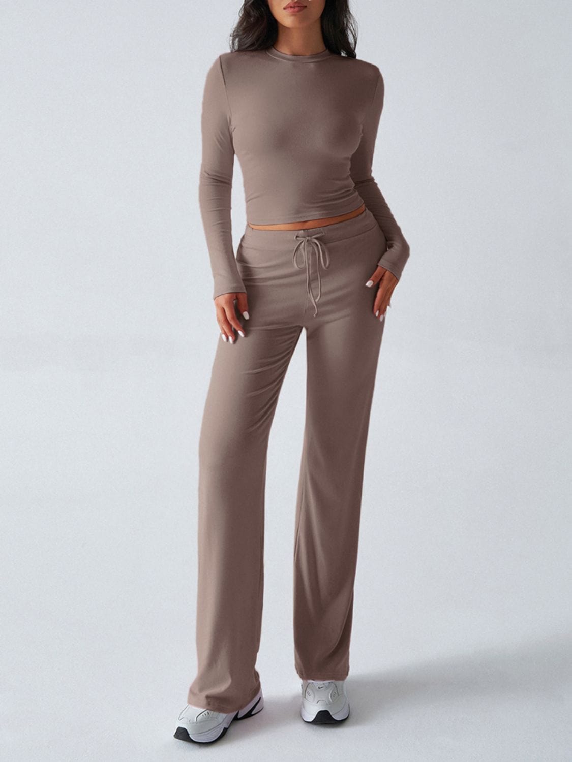 Devine Round Neck Long Sleeve Top and Drawstring Pants Set - Trendsi