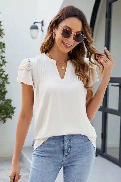 Ruffled Notched Short Sleeve Blouse - Trendsi - Flyclothing LLC