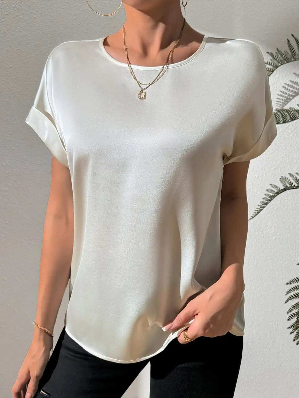 Round Neck Short Sleeve Blouse - Trendsi - Flyclothing LLC
