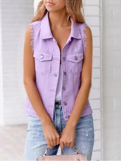 Full Size Button Down Raw Hem Sleeveless Denim Jacket Plus Size - Trendsi