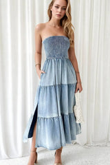 Smocked Tube Slit Tiered Denim Dress - Trendsi - Flyclothing LLC