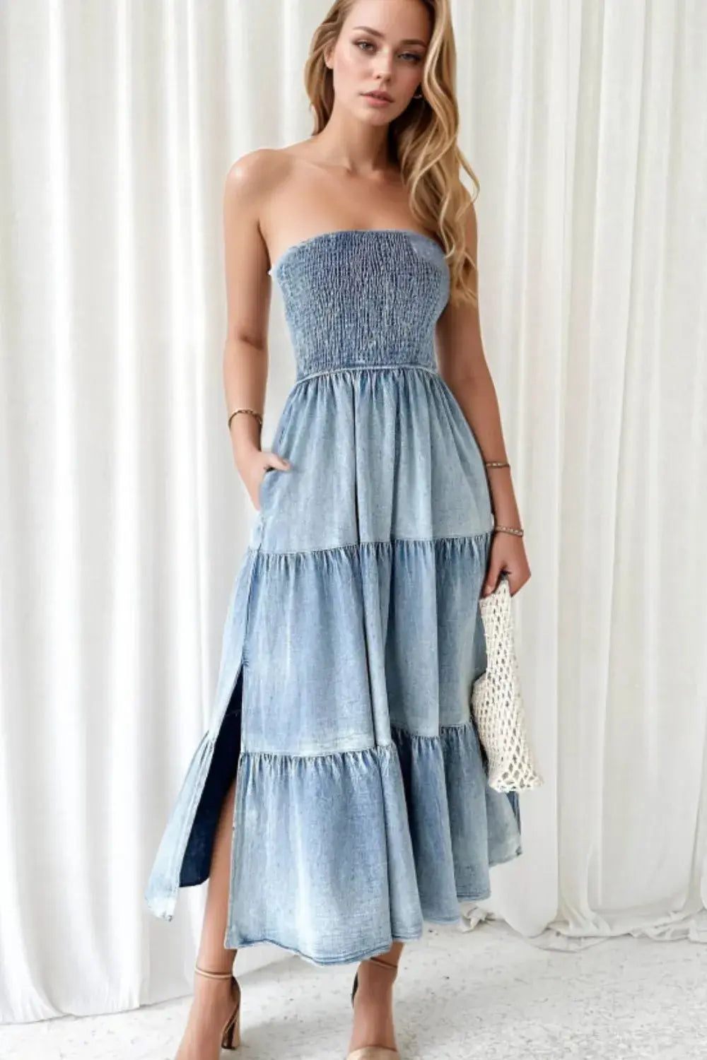 Smocked Tube Slit Tiered Denim Dress - Trendsi - Flyclothing LLC