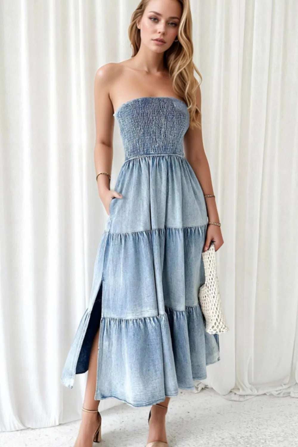 Smocked Tube Slit Tiered Denim Dress - Trendsi - Flyclothing LLC