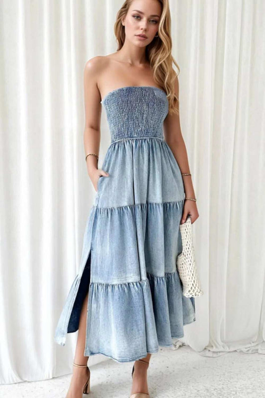 Smocked Tube Slit Tiered Denim Dress - Trendsi - Flyclothing LLC