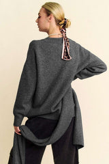 Davi & Dani V-Neck Dropped Shoulder Sweater with Scarf Set - Trendsi