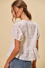 SO ME Cotton Eyelet Front Tie Short Sleeves Blouse - Trendsi - Flyclothing LLC
