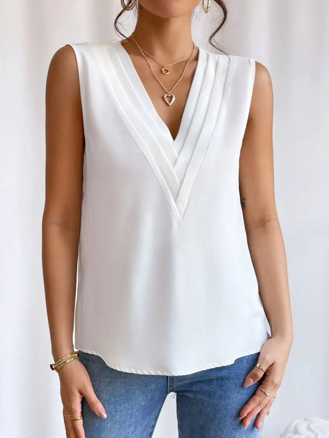 V-Neck Pleated Sleeveless Cami Tank Top - Trendsi - Flyclothing LLC