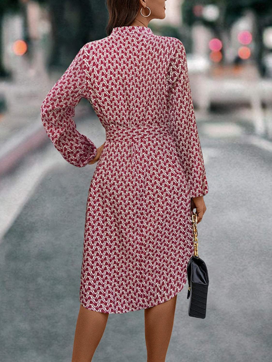 Tied Printed Notched Balloon Sleeve Dress - Trendsi - Flyclothing LLC