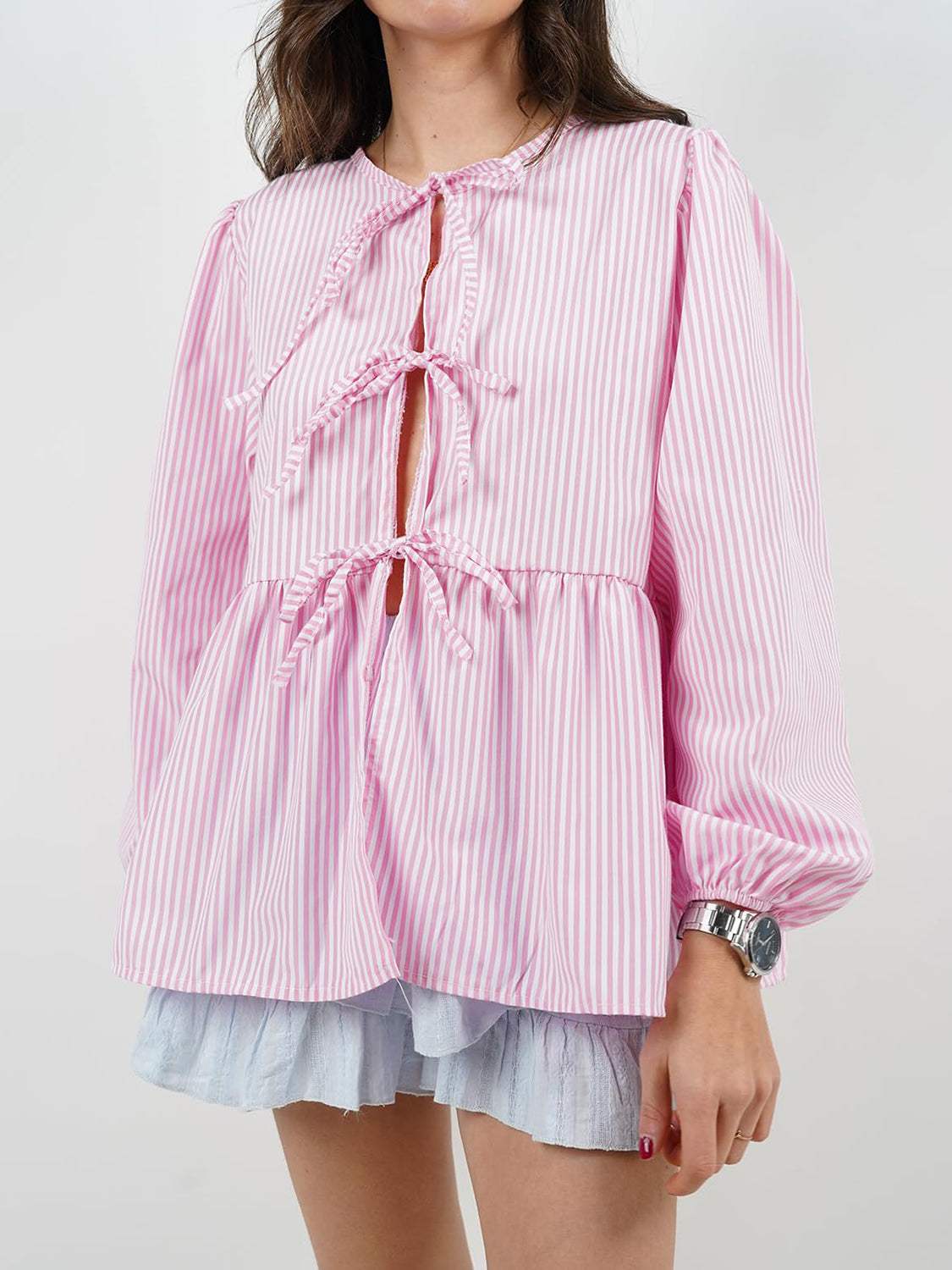 Tied Round Neck Long Sleeve Blouse - Trendsi - Flyclothing LLC