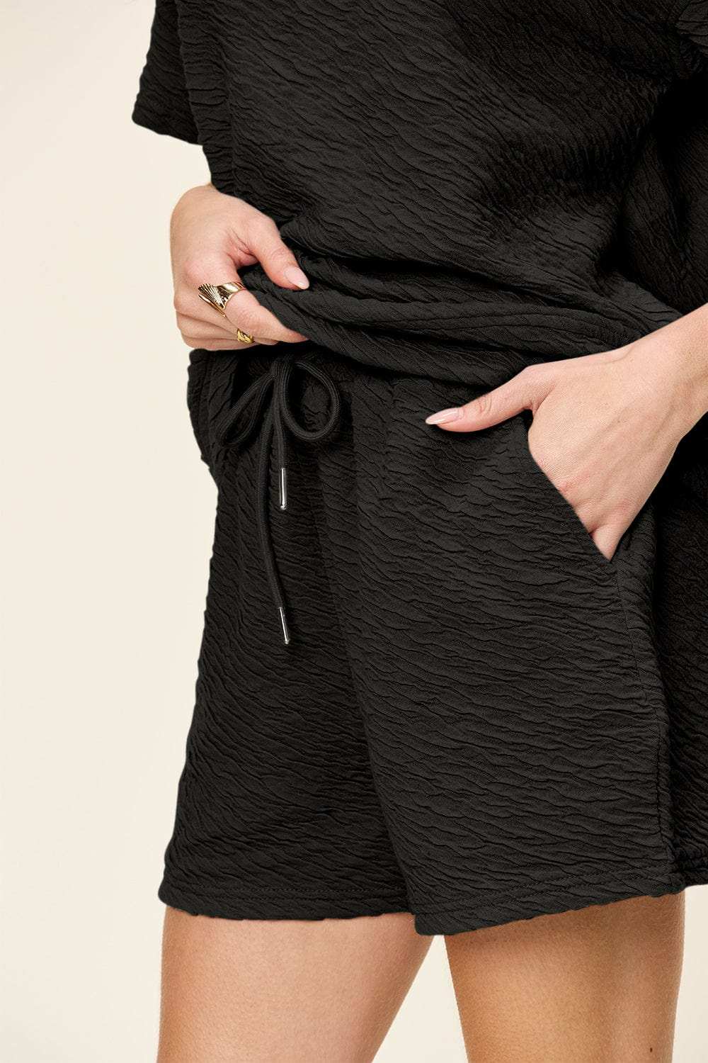 Double Take Full Size Texture Short Sleeve T-Shirt and Drawstring Shorts Set - Trendsi - Flyclothing LLC