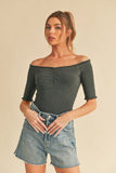 Aemi + Co Ruched Frill Off-Shoulder Half Sleeve Knit Top - Trendsi