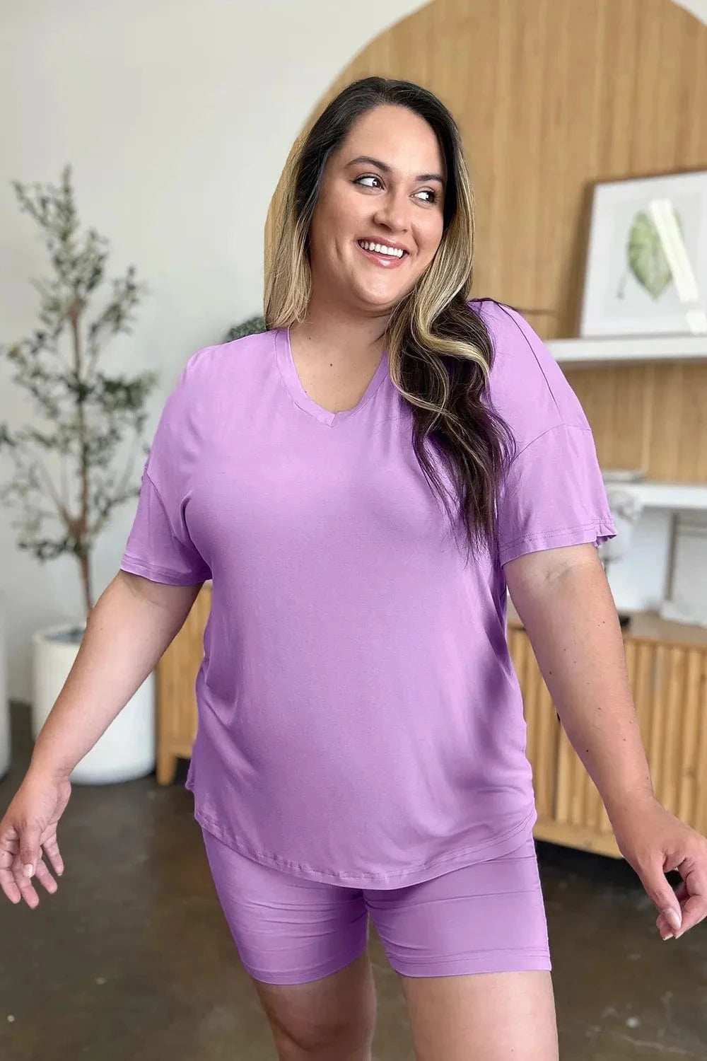 Basic Bae Bamboo Full Size V-Neck Drop Shoulder T-Shirt and Shorts Set - Trendsi - Flyclothing LLC