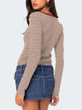 Buttoned Striped Long Sleeve T-Shirt - Trendsi - Flyclothing LLC
