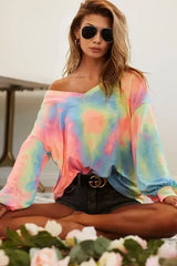 BiBi Tie Dye French Terry V Neck Top - Trendsi - Flyclothing LLC