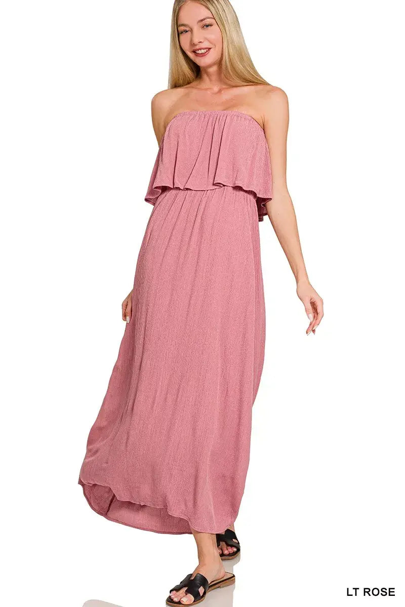 Zenana Woven Crinkle Strapless Maxi Dress - Trendsi - Flyclothing LLC