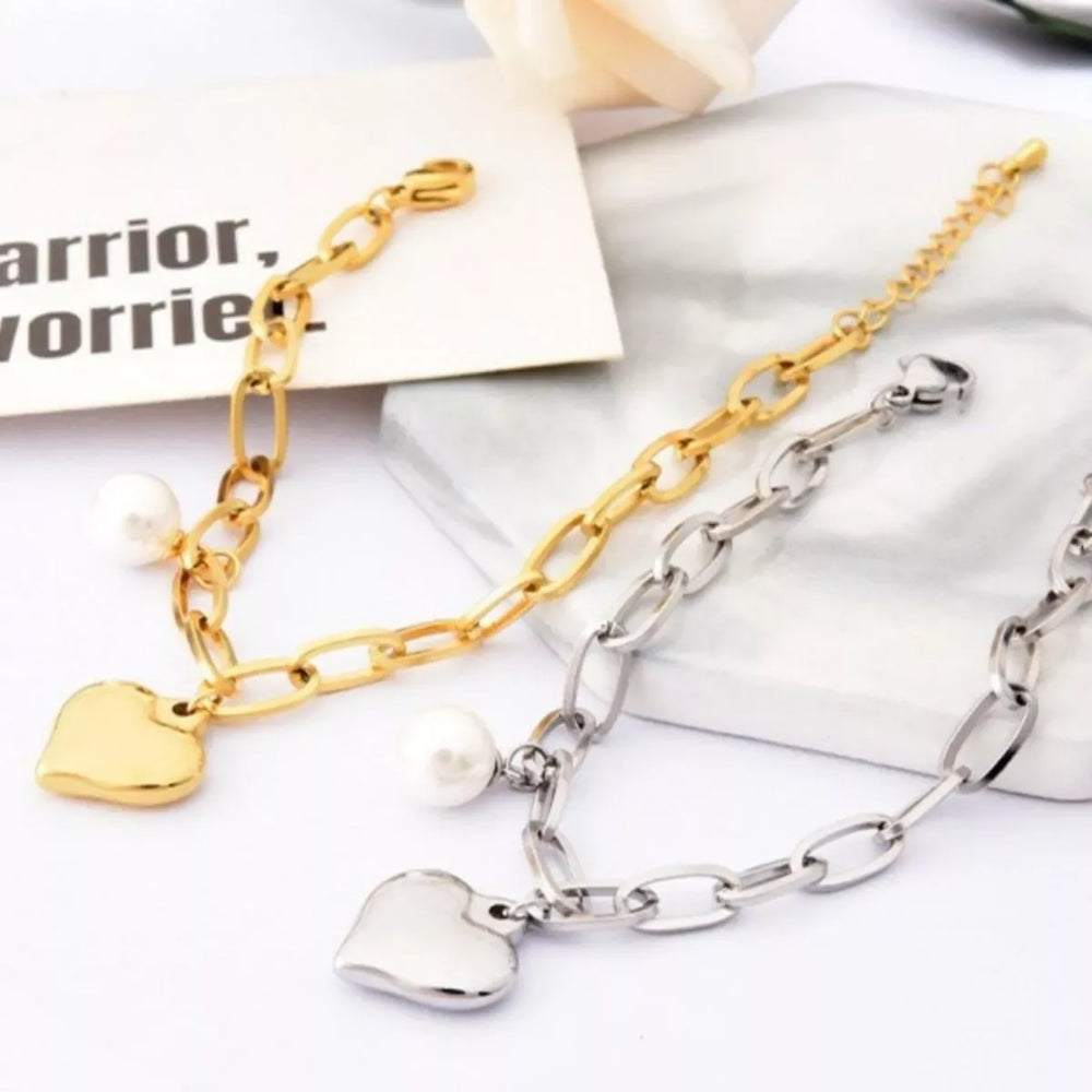 Heart Charm Pearl Accent Chain Bracelet - Trendsi - Flyclothing LLC