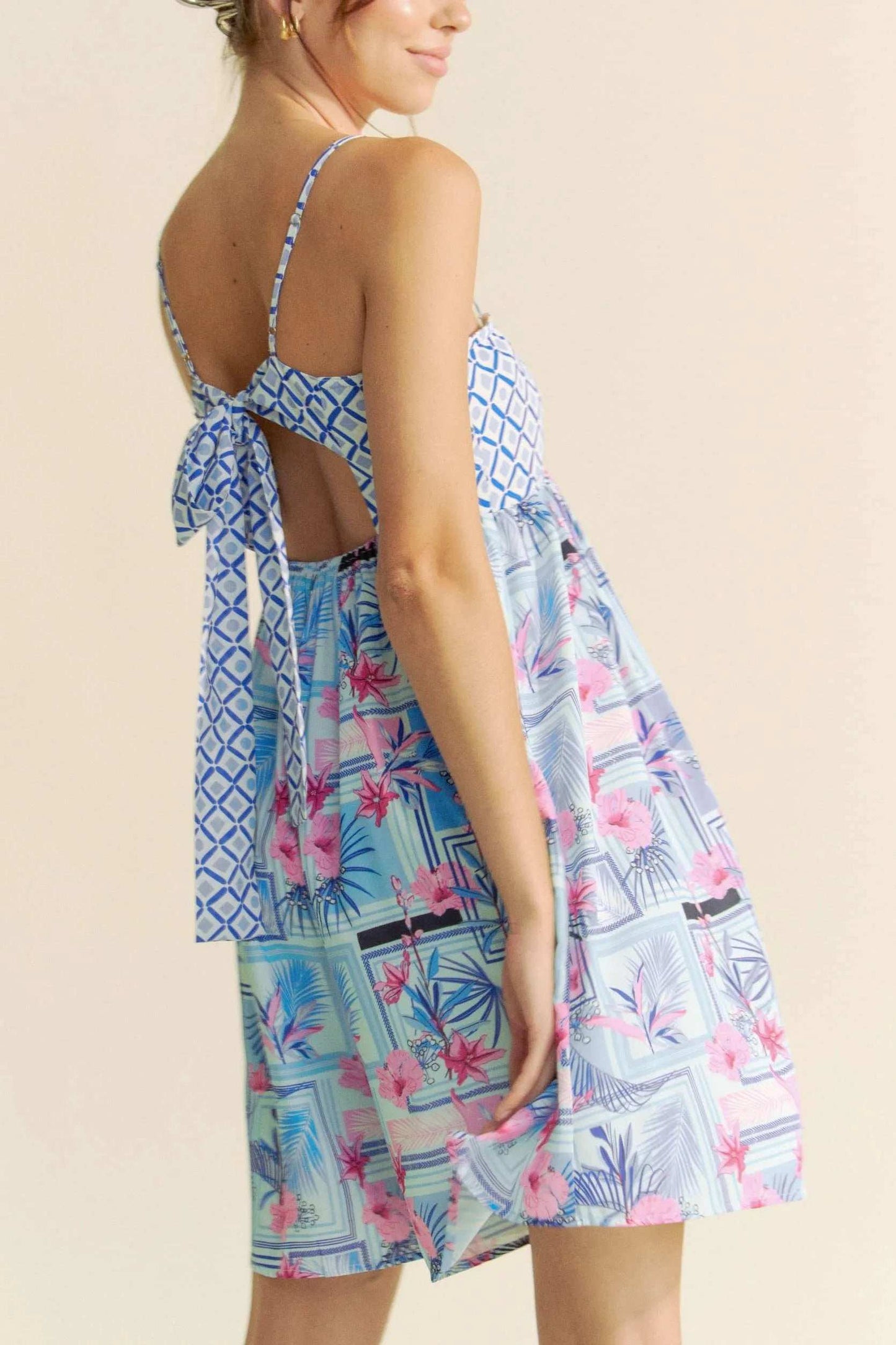 Davi & Dani Tropical Floral Geo Print Tie Back Tube Top Romper - Trendsi - Flyclothing LLC