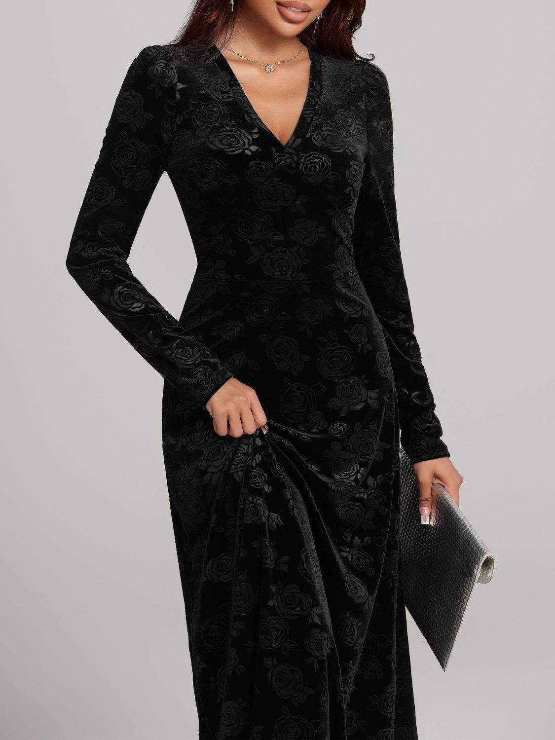 Rose Print V-Neck Long Sleeve Dress - Trendsi - Flyclothing LLC