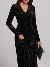 Rose Print V-Neck Long Sleeve Dress - Trendsi - Flyclothing LLC