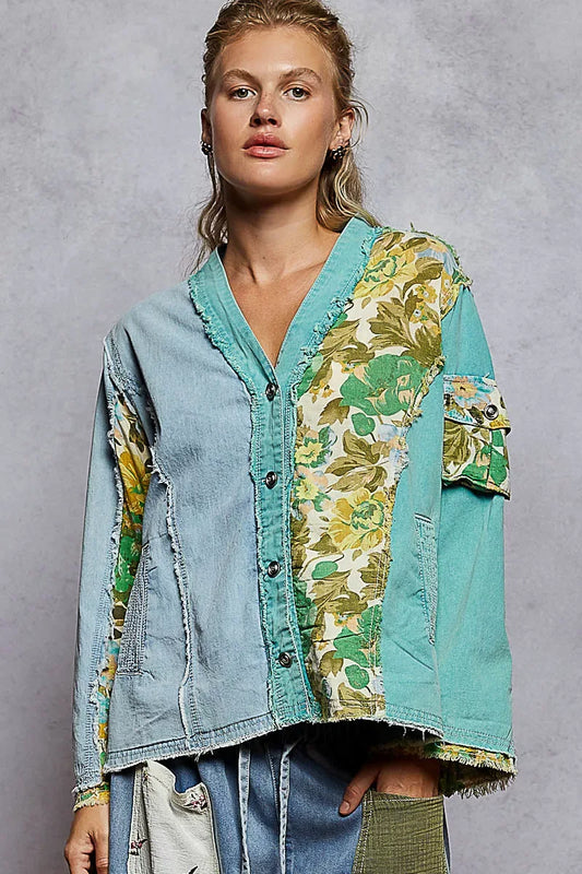 POL Button Down Floral V-Neck Long Sleeve Raw Hem Top - Trendsi - Flyclothing LLC