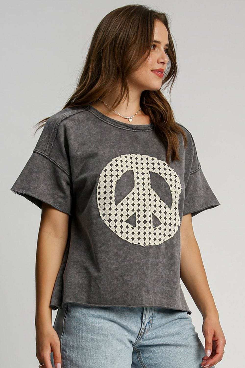 Umgee Full Size Mineral Wash T-Shirt with Lace Applique Plus Size - Trendsi - Flyclothing LLC