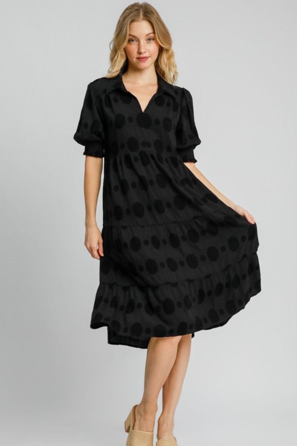 Umgee Full Size Swiss Dot Jacquard Tiered Midi Dress Plus Size - Trendsi