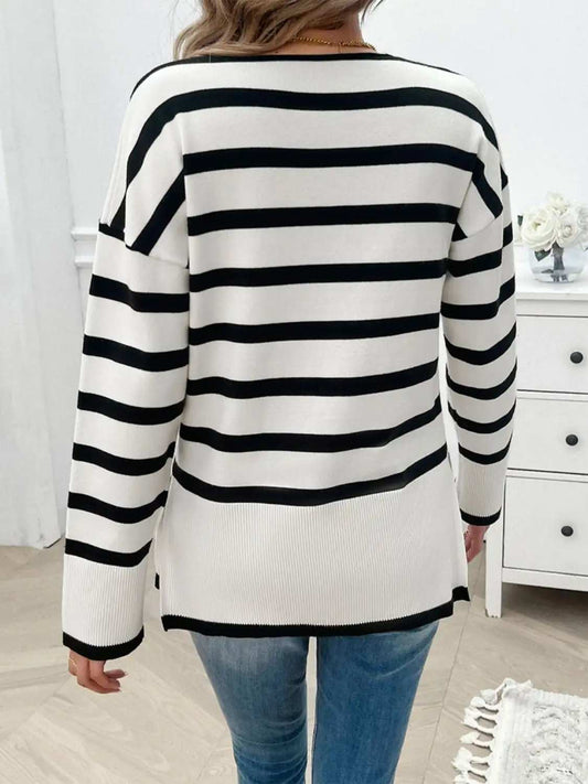 Striped V-Neck Long Sleeve Knit Top - Trendsi - Flyclothing LLC