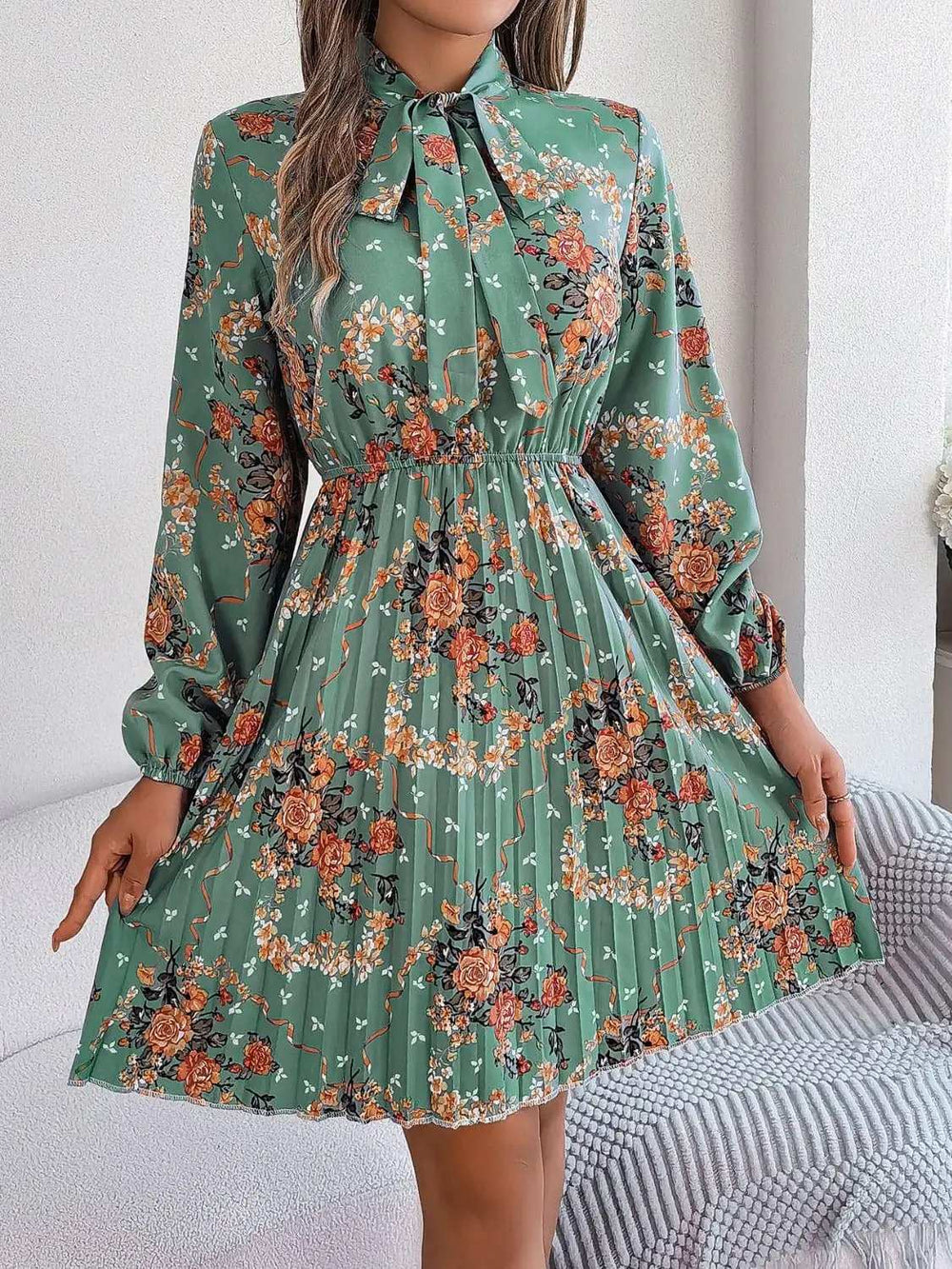 Pleated Printed Tie Neck Long Sleeve Dress - Trendsi - Flyclothing LLC