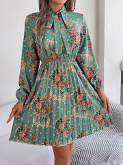 Pleated Printed Tie Neck Long Sleeve Dress - Trendsi
