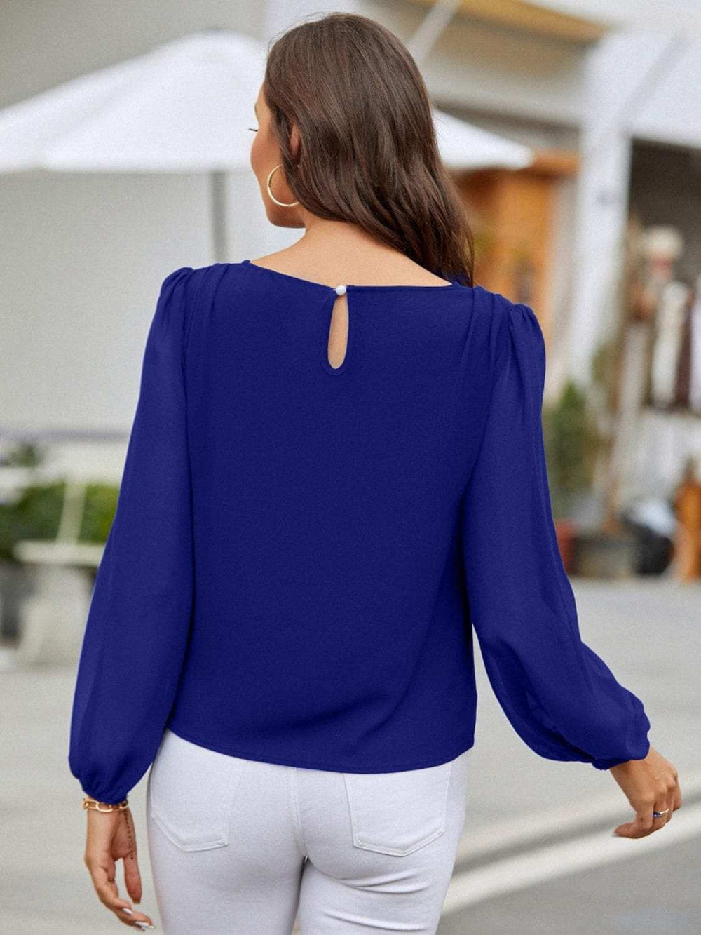 Round Neck Balloon Sleeve Blouse - Trendsi - Flyclothing LLC