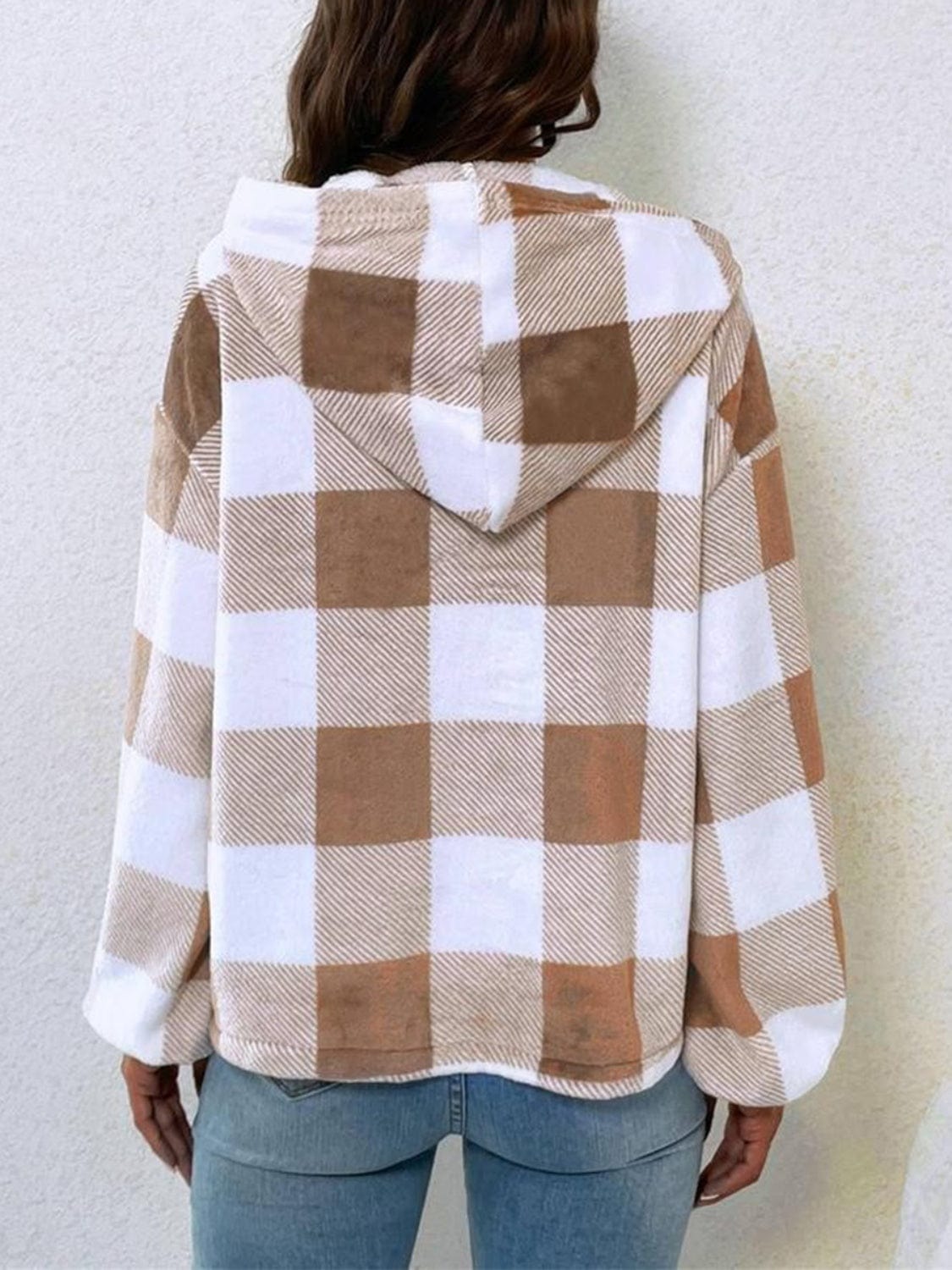 Plaid Half Button Long Sleeve Hoodie - Trendsi